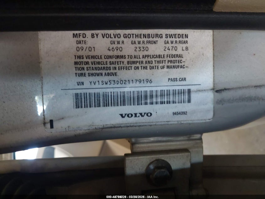 2002 Volvo V70 VIN YV1SW53D021179196 IAAI salvage auction — FRONT END, Salvage (Oregon), sold $25 on 2026-07-16 (photo 9)