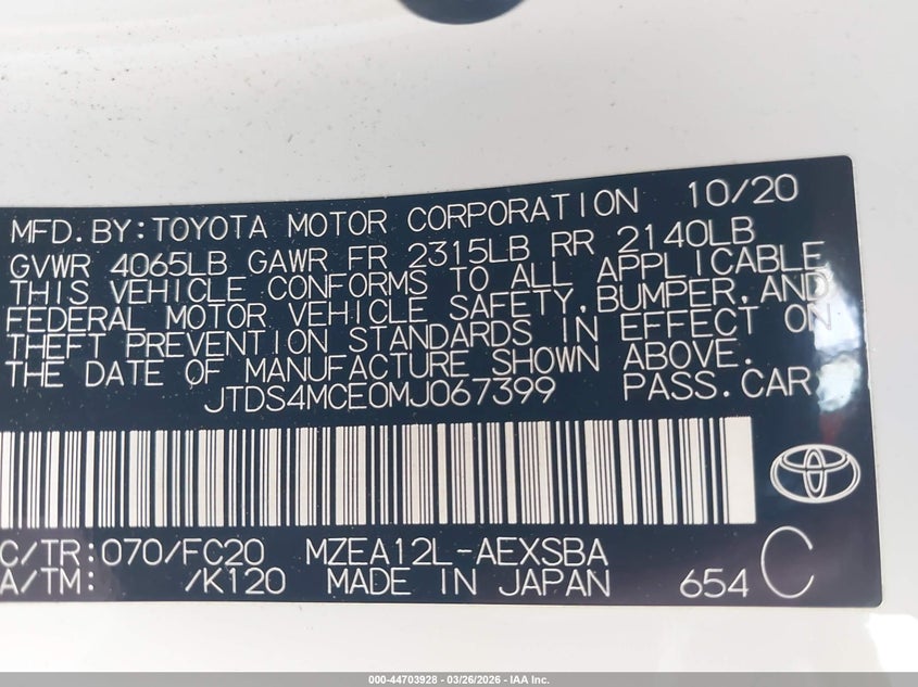 2021 Toyota Corolla VIN JTDS4MCE0MJ067399 IAAI salvage auction — LEFT FRONT, Wait Title, sold $5,800 on 2026-07-08 (photo 9)