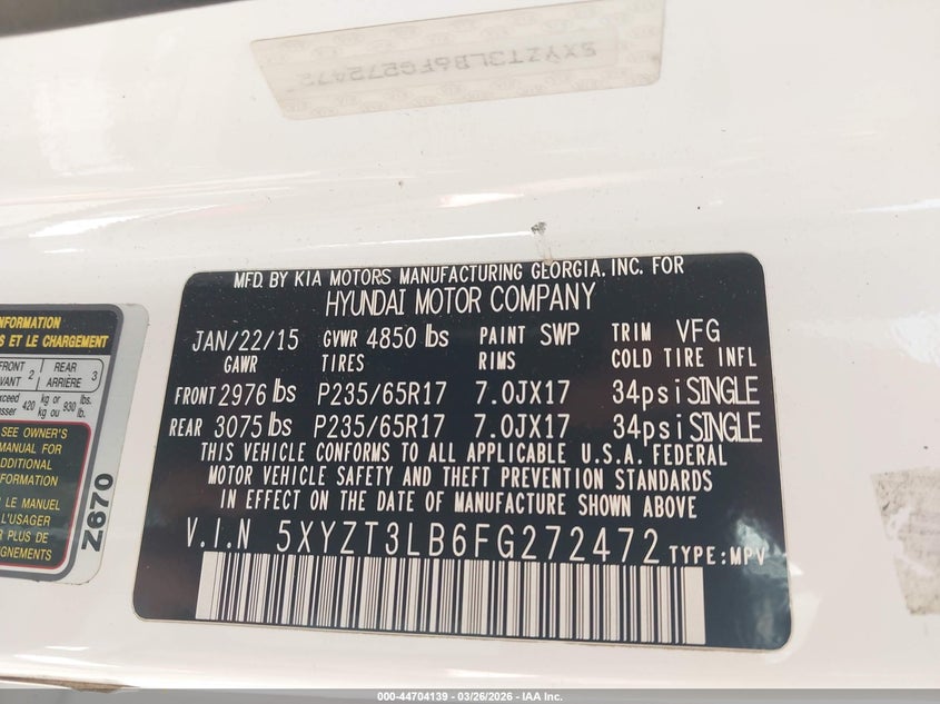 2015 Hyundai Santa fe VIN 5XYZT3LB6FG272472 IAAI salvage auction — FRONT & REAR, Wait Title, sold $475 on 2026-07-16 (photo 9)