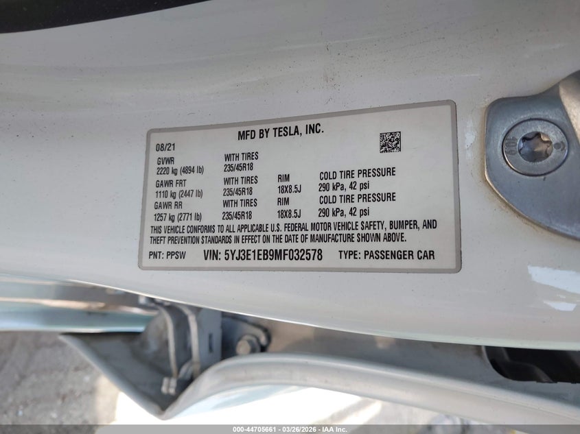 2021 Tesla Model 3 VIN 5YJ3E1EB9MF032578 IAAI salvage auction — LEFT SIDE, Original (Texas), sold $7,000 on 2026-07-30 (photo 9)