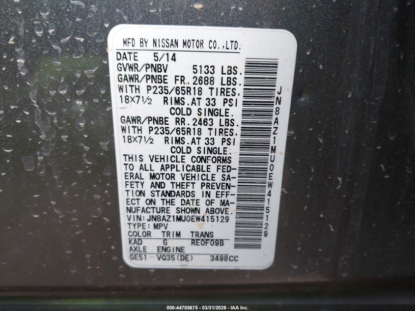 2014 Nissan Murano VIN JN8AZ1MU0EW415129 IAAI salvage auction — LEFT FRONT, Wait Title, sold $1,000 on 2026-07-07 (photo 9)
