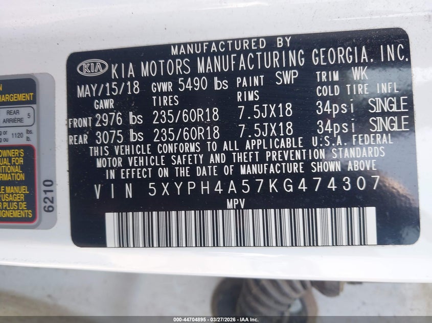 2019 Kia Sorento VIN 5XYPH4A57KG474307 IAAI salvage auction — FRONT END, Salvage (Georgia), sold $3,800 on 2026-07-29 (photo 9)