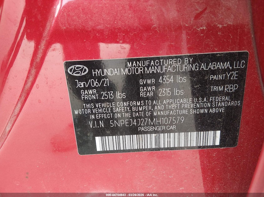 2021 Hyundai Sonata VIN 5NPEJ4J27MH107579 IAAI salvage auction — REAR END, Wait Title, sold $3,150 on 2026-07-28 (photo 9)