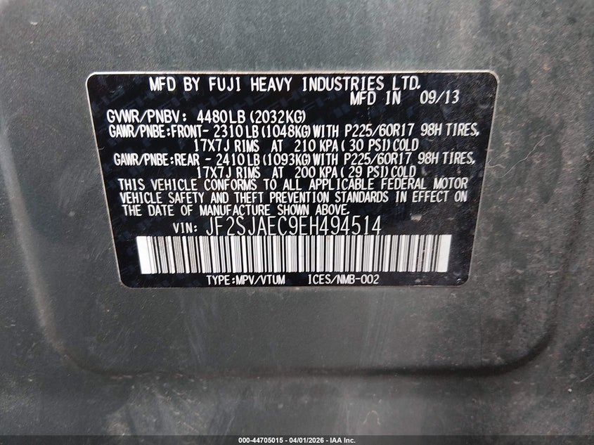 2014 Subaru Forester VIN JF2SJAEC9EH494514 IAAI salvage auction — FRONT END, Clear (Oklahoma), sold $425 on 2026-07-22 (photo 9)