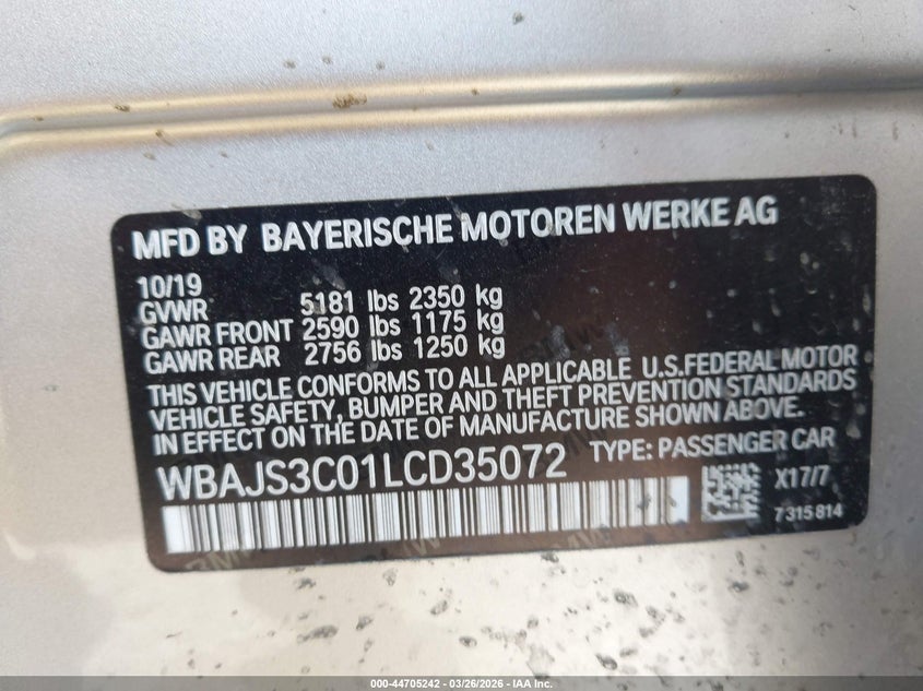 2020 BMW VIN WBAJS3C01LCD35072 IAAI salvage auction — LEFT FRONT, Wait Title, sold $16,200 on 2026-07-29 (photo 9)