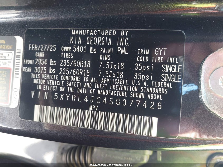 2025 Kia Sorento VIN 5XYRL4JC4SG377426 IAAI salvage auction — REAR END, Wait Title, sold $12,600 on 2026-08-02 (photo 9)