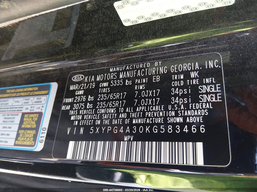 2019 Kia Sorento VIN 5XYPG4A30KG583466 IAAI salvage auction — FRONT END, Clear (Indiana), sold $1,350 on 2026-07-15 (photo 9)