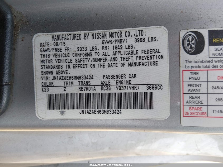 2016 Nissan 370z VIN JN1AZ4EH6GM933424 IAAI salvage auction — FRONT END, Salvage (California), sold $725 on 2026-07-21 (photo 9)