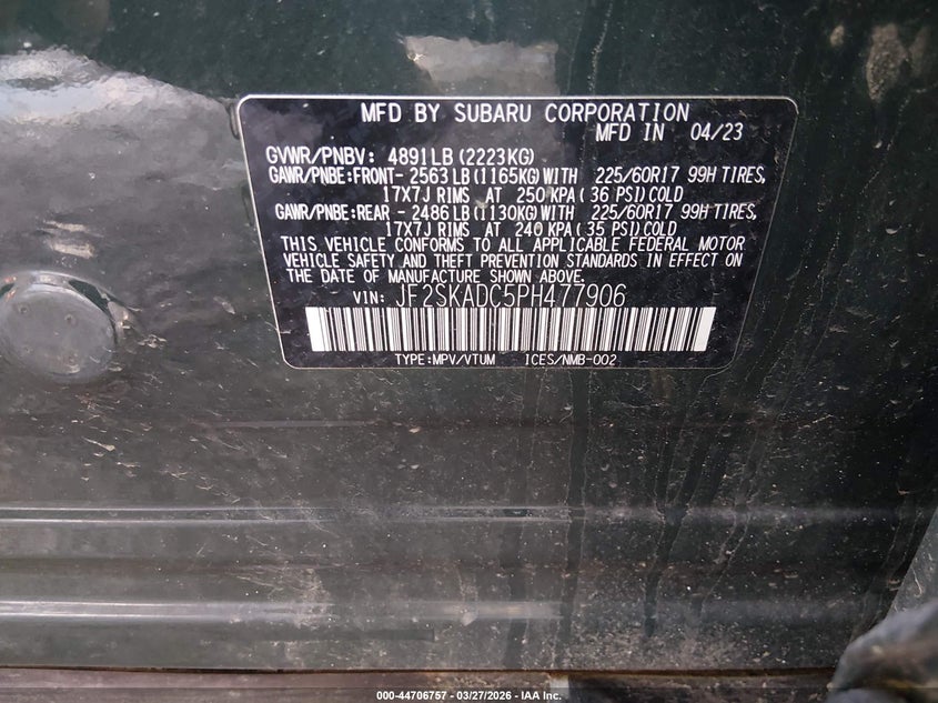 2023 Subaru Forester VIN JF2SKADC5PH477906 IAAI salvage auction — FRONT & REAR, Salvage (Vermont), sold $5,000 on 2026-07-16 (photo 9)