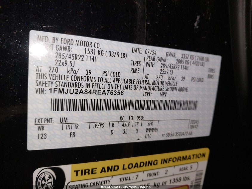 2024 Ford Expedition VIN 1FMJU2A84REA76356 IAAI salvage auction — FRONT END, Wait Title, sold $15,500 on 2026-07-30 (photo 9)