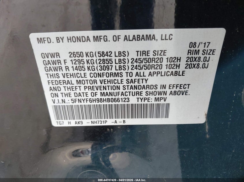 2017 Honda Pilot VIN 5FNYF6H98HB066123 IAAI salvage auction — RIGHT REAR, Salvage (Oregon), sold $8,100 on 2026-07-09 (photo 9)