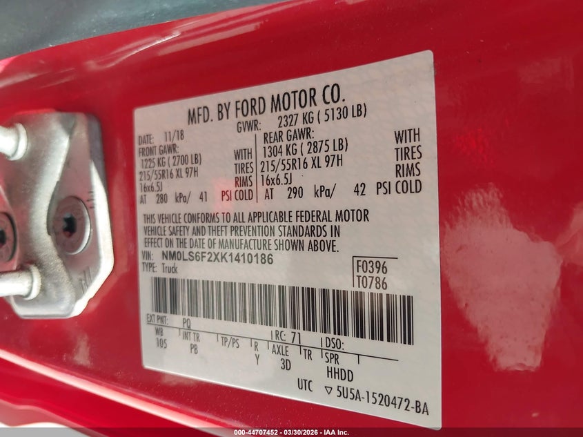 2019 Ford Transit VIN NM0LS6F2XK1410186 IAAI salvage auction — RIGHT FRONT, Salvage (Missouri), sold $1,425 on 2026-07-14 (photo 9)