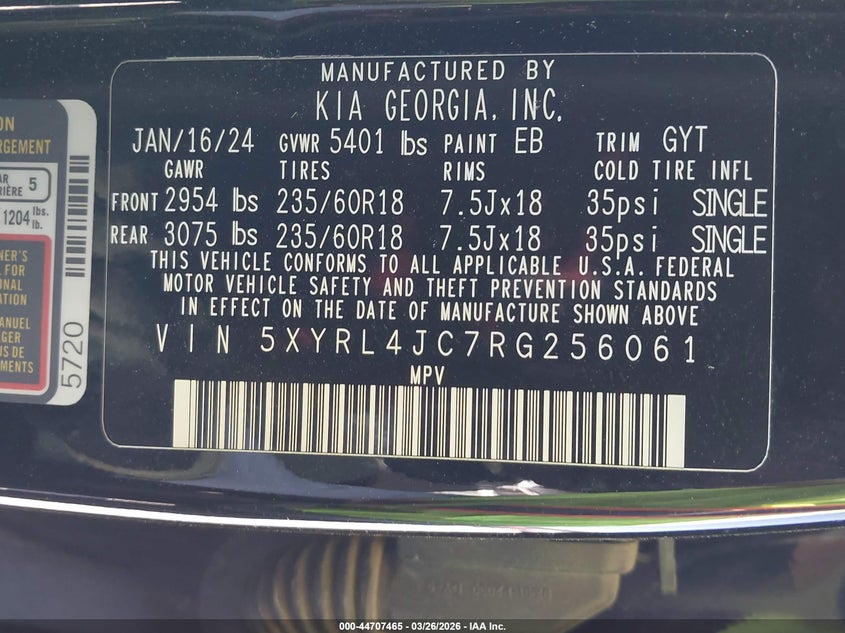2024 Kia Sorento VIN 5XYRL4JC7RG256061 IAAI salvage auction — FRONT END, Salvage (Texas), sold $9,400 on 2026-08-01 (photo 9)