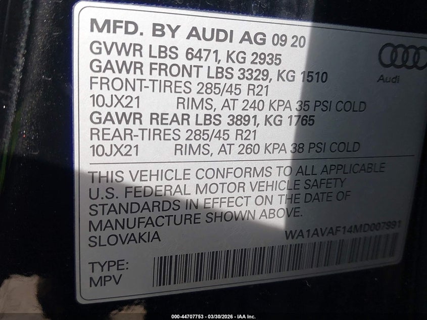2021 Audi Q8 VIN WA1AVAF14MD007991 IAAI salvage auction — FRONT END, Salvage (Rhode Island), sold $15,100 on 2026-07-28 (photo 9)