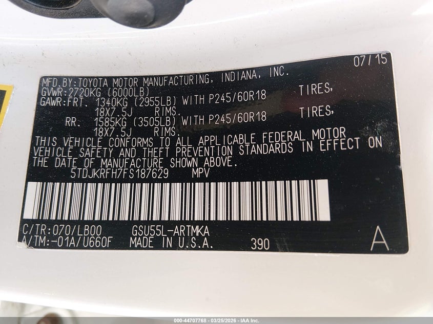 2015 Toyota Highlander VIN 5TDJKRFH7FS187629 IAAI salvage auction — FRONT END, Original (Kentucky), sold $4,550 on 2026-07-29 (photo 9)