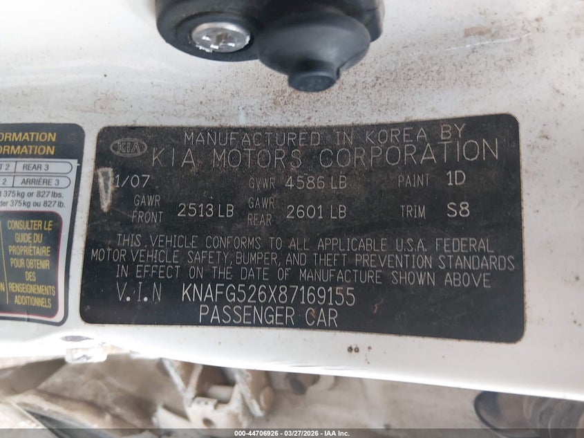2008 Kia Rondo VIN KNAFG526X87169155 IAAI salvage auction — ALL OVER, Junk (Oklahoma), sold $200 on 2026-07-15 (photo 9)