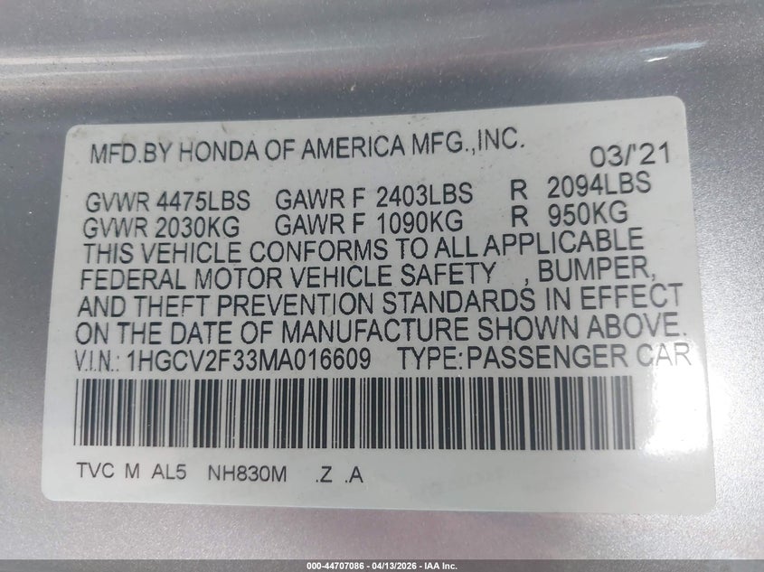 2021 Honda Accord VIN 1HGCV2F33MA016609 IAAI salvage auction — RIGHT SIDE, Salvage Title, sold $9,500 on 2026-07-28 (photo 9)