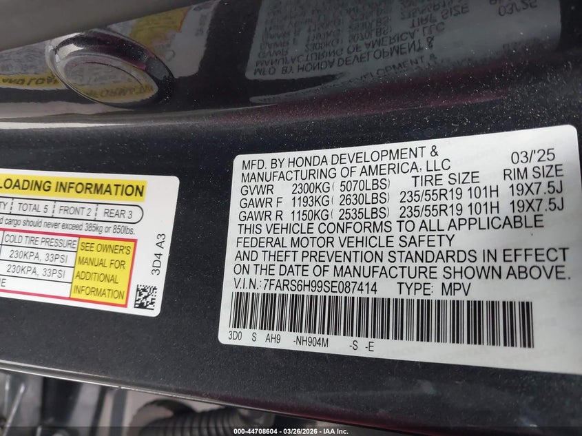 2025 Honda Cr-v VIN 7FARS6H99SE087414 IAAI salvage auction — FRONT & REAR, Wait Title, sold $14,500 on 2026-07-28 (photo 9)