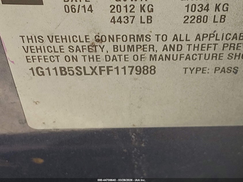 2015 Chevrolet Malibu VIN 1G11B5SLXFF117988 IAAI salvage auction — FRONT & REAR, Salvage (Texas), sold $550 on 2026-07-10 (photo 9)