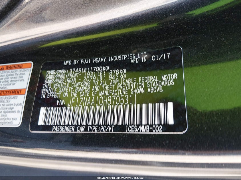 2017 Toyota Gt86 VIN JF1ZNAA10H8705311 IAAI salvage auction — FRONT END, Wait Title, sold $1,350 on 2026-07-09 (photo 9)