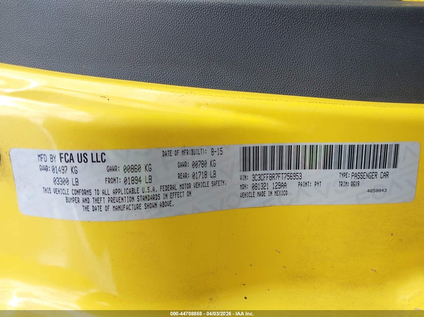 2015 Fiat 500 VIN 3C3CFFBR7FT756953 IAAI salvage auction — WATER/FLOOD, Salvage (Hawaii), sold $225 on 2026-08-11 (photo 9)