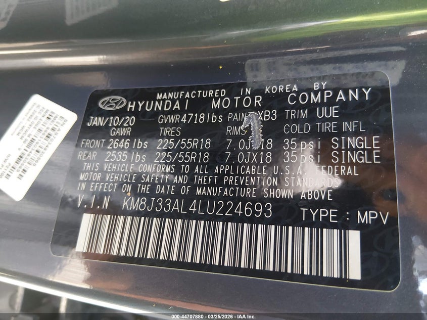 2020 Hyundai Tucson VIN KM8J33AL4LU224693 IAAI salvage auction — FRONT END, Wait Title, sold $2,050 on 2026-07-15 (photo 9)