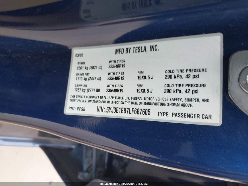2020 Tesla Model 3 VIN 5YJ3E1EB7LF667605 IAAI salvage auction — REAR END, Wait Title, sold $6,175 on 2026-07-16 (photo 9)