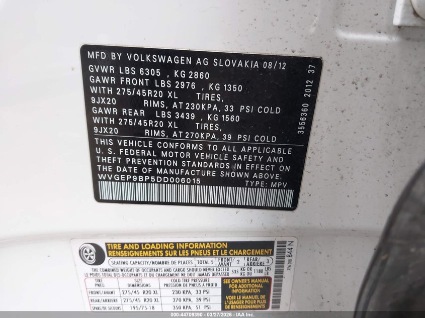 2013 Volkswagen Touareg VIN WVGEP9BP5DD006015 IAAI salvage auction — RIGHT FRONT, Salvage (Illinois), sold $2,250 on 2026-07-08 (photo 9)
