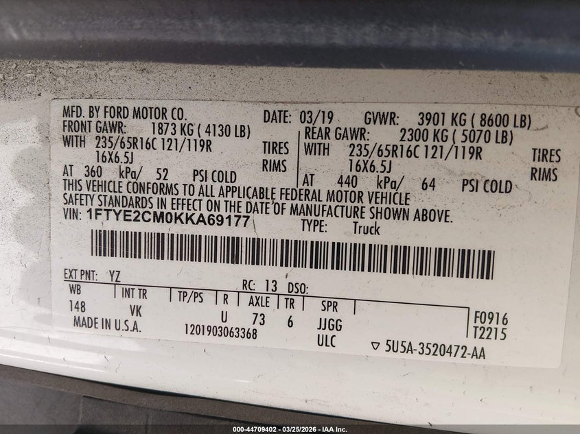 2019 Ford VIN 1FTYE2CM0KKA69177 IAAI salvage auction — FRONT END, Wait Title, sold $5,200 on 2026-07-09 (photo 9)