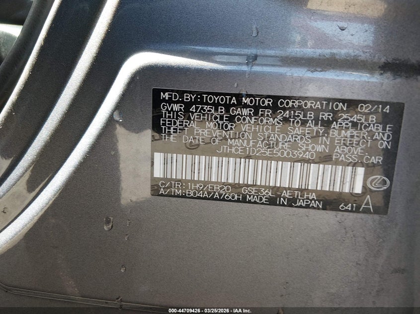 2014 Lexus Is VIN JTHCE1D25E5003940 IAAI salvage auction — THEFT, Wait Title, sold $6,950 on 2026-07-15 (photo 9)