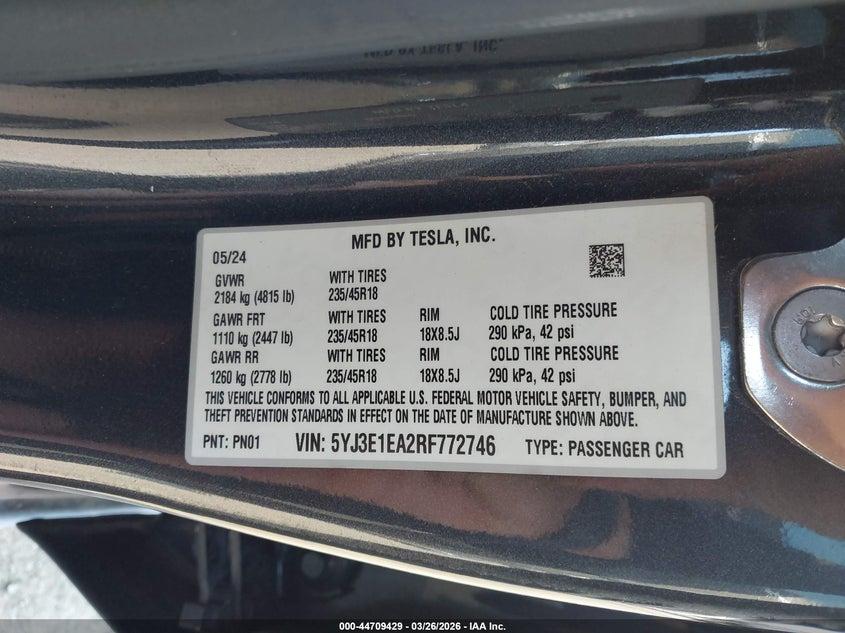 2024 Tesla Model 3 VIN 5YJ3E1EA2RF772746 IAAI salvage auction — FRONT END, Salvage (New Jersey), sold $9,600 on 2026-07-31 (photo 9)