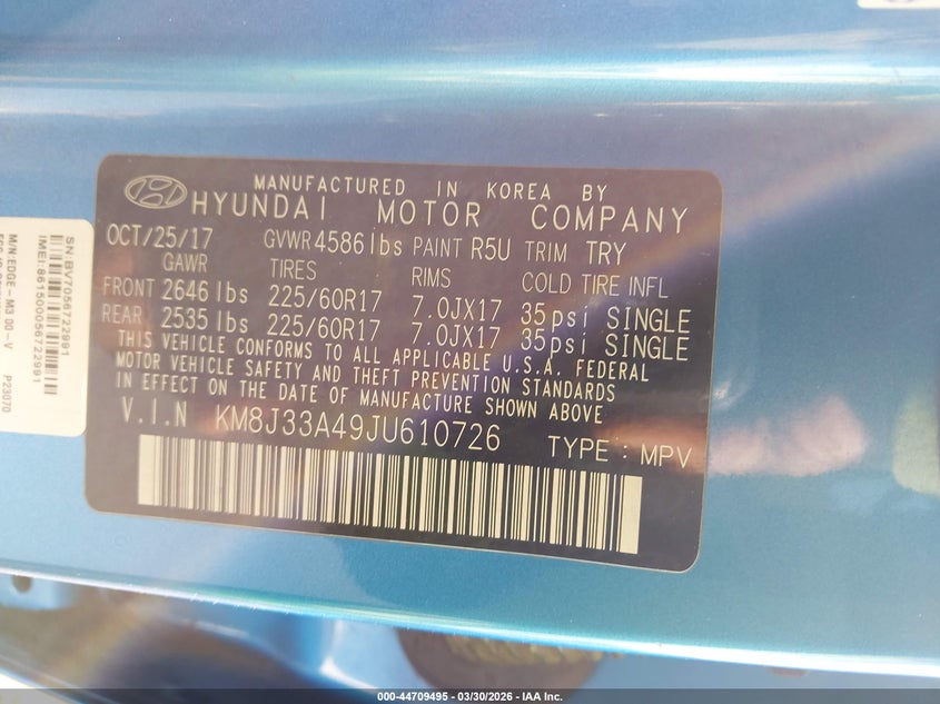 2018 Hyundai Tucson VIN KM8J33A49JU610726 IAAI salvage auction — RIGHT REAR, Wait Title, sold $1,950 on 2026-07-07 (photo 9)