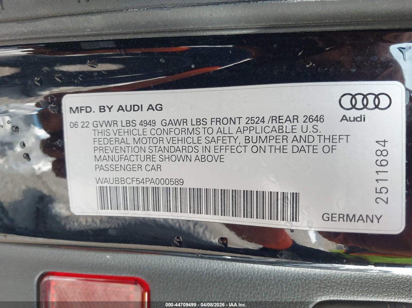2023 Audi A5 VIN WAUBBCF54PA000589 IAAI salvage auction — UNDERCARRIAGE, Wait Title, sold $12,250 on 2026-07-28 (photo 9)
