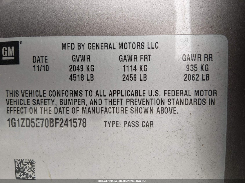 2011 Chevrolet Malibu VIN 1G1ZD5E70BF241578 IAAI salvage auction — FRONT END, Salvage - Greater Than 75% (Maryland), sold $400 on 2026-10-01 (photo 9)
