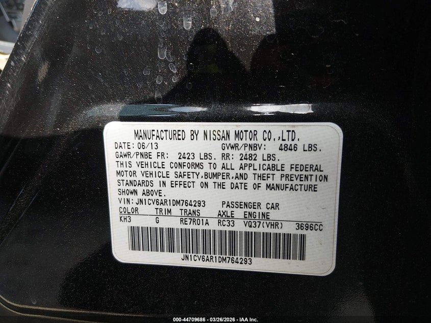 2013 Infiniti G VIN JN1CV6AR1DM764293 IAAI salvage auction — FRONT & REAR, Salvage (Georgia), sold $325 on 2026-07-17 (photo 9)