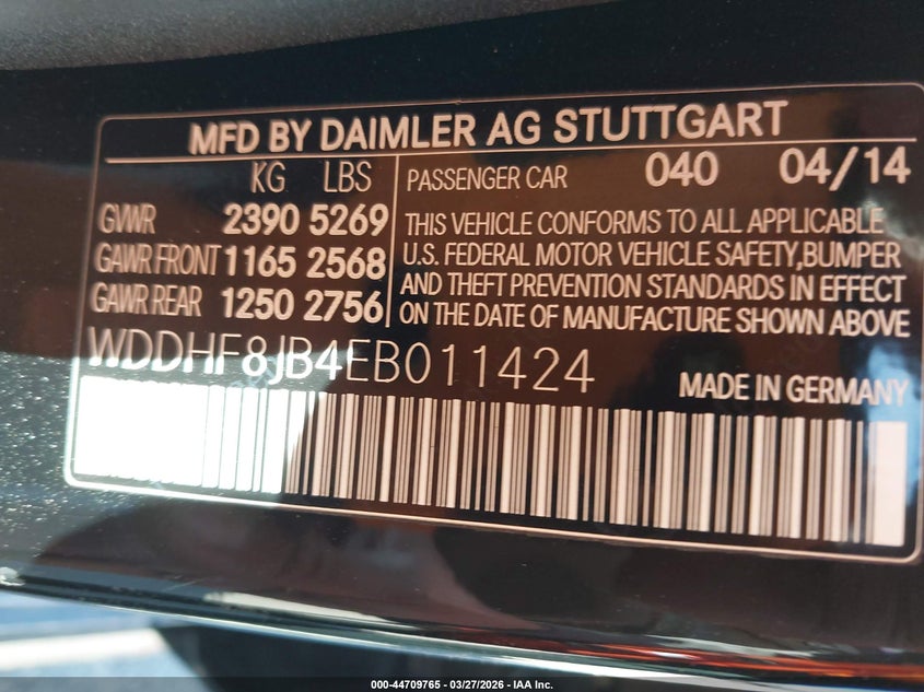 2014 Mercedes-benz E-klasse VIN WDDHF8JB4EB011424 IAAI salvage auction — HAIL, Clear (Kansas), sold $5,000 on 2026-08-19 (photo 9)