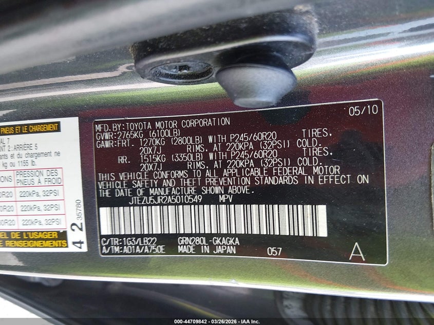 2010 Toyota 4runner VIN JTEZU5JR2A5010549 IAAI salvage auction — RIGHT FRONT, Salvage (Alabama), sold $5,500 on 2026-07-13 (photo 9)
