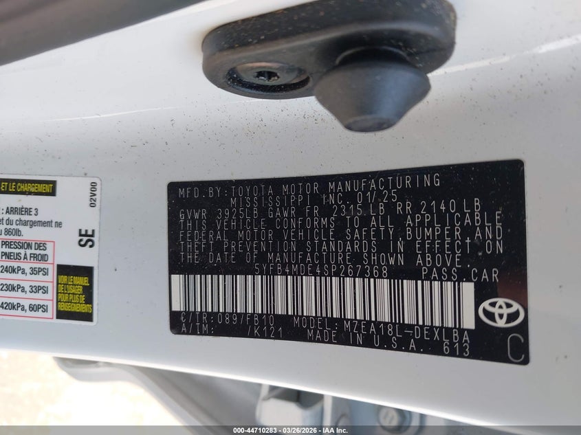 2025 Toyota Corolla VIN 5YFB4MDE4SP267368 IAAI salvage auction — FRONT END, Wait Title, sold $6,100 on 2026-07-26 (photo 9)