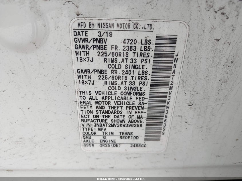 2019 Nissan Rogue VIN JN8AT2MV3KW396359 IAAI salvage auction — FRONT END, Wait Title, sold $4,350 on 2026-07-07 (photo 9)