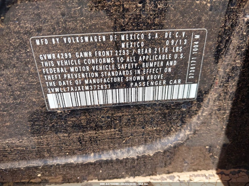 2014 Volkswagen Jetta VIN 3VWLL7AJXEM372631 IAAI salvage auction — WATER/FLOOD, Salvage (Hawaii), sold $175 on 2026-08-04 (photo 9)