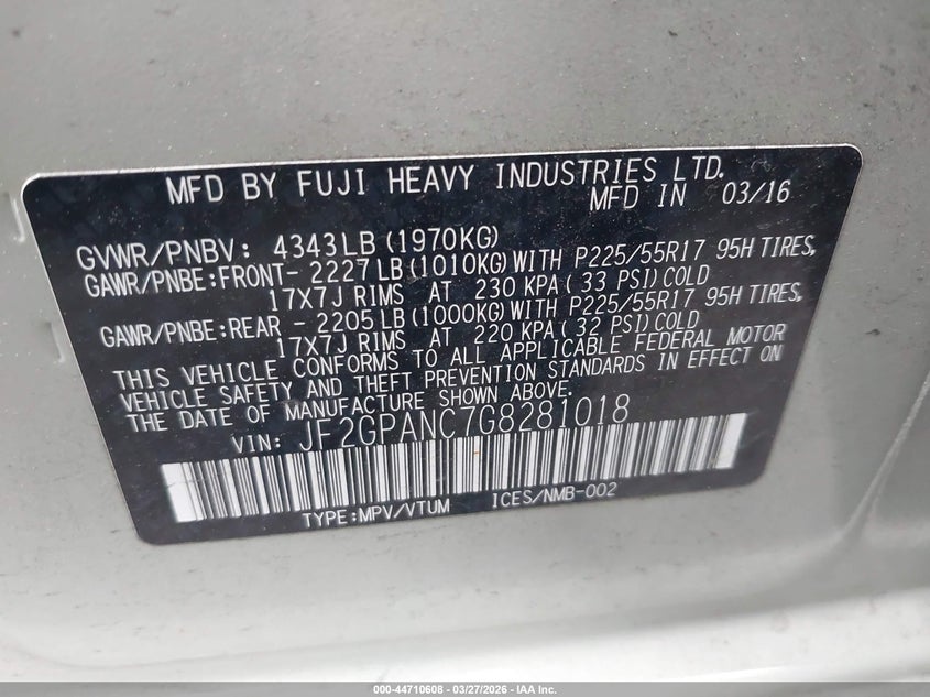 2016 Subaru Xv VIN JF2GPANC7G8281018 IAAI salvage auction — FRONT END, Wait Title, sold $800 on 2026-07-08 (photo 9)