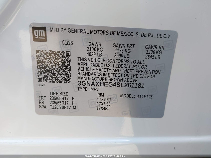 2025 Chevrolet Equinox VIN 3GNAXHEG4SL261181 IAAI salvage auction — ROLLOVER, Original (Texas), sold $6,300 on 2026-07-22 (photo 9)