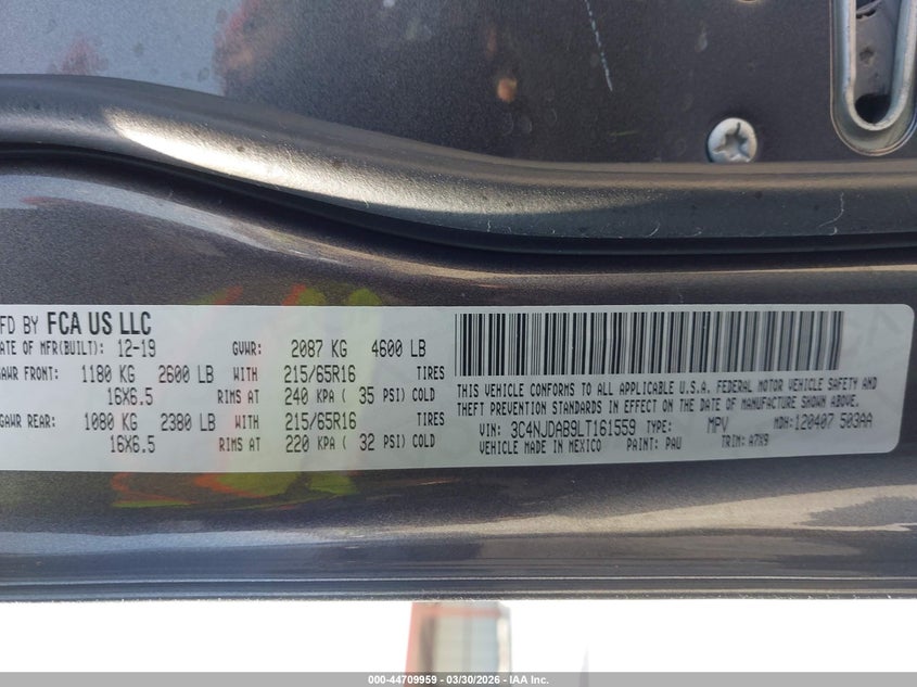 2020 Jeep Compass VIN 3C4NJDAB9LT161559 IAAI salvage auction — FRONT END, Salvage (Missouri), sold $2,000 on 2026-07-17 (photo 9)