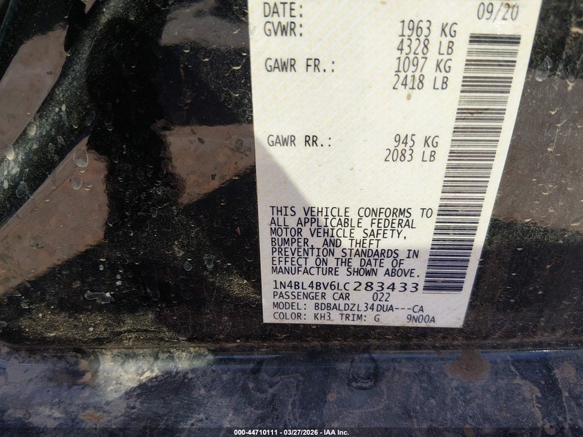 2020 Nissan Altima VIN 1N4BL4BV6LC283433 IAAI salvage auction — RIGHT SIDE, Wait Title, sold $2,250 on 2026-07-17 (photo 9)