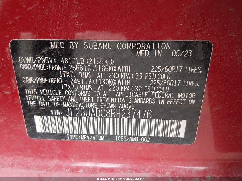 2024 Subaru Xv VIN JF2GUADC8RH237476 IAAI salvage auction — FRONT END, Salvage (Colorado), sold $5,900 on 2026-07-21 (photo 9)