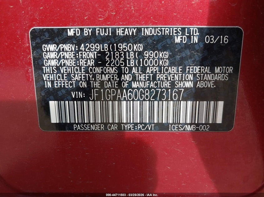 2016 Subaru Impreza VIN JF1GPAA60G8273167 IAAI salvage auction — FRONT END, Wait Title, sold $1,675 on 2026-07-31 (photo 9)