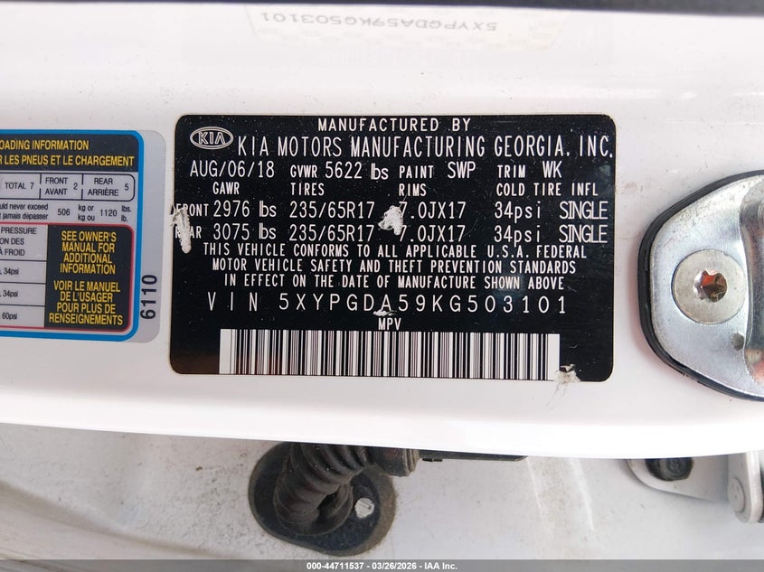 2019 Kia Sorento VIN 5XYPGDA59KG503101 IAAI salvage auction — REAR END, Salvage (Missouri), sold $3,100 on 2026-07-16 (photo 9)