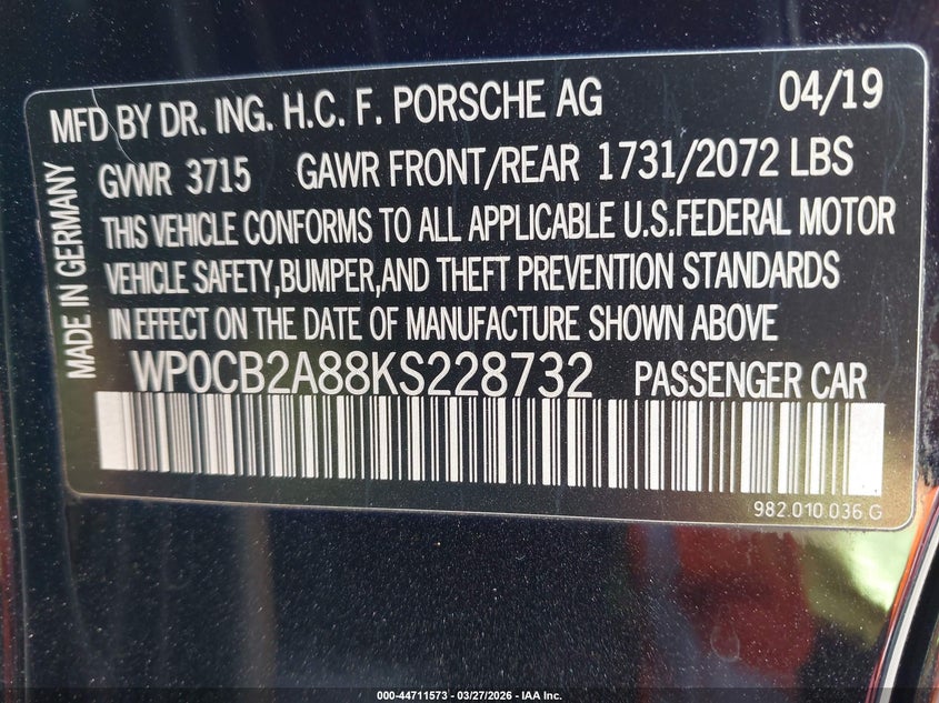 2019 Porsche 718 boxster VIN WP0CB2A88KS228732 IAAI salvage auction — UNKNOWN, Wait Title, sold $15,700 on 2026-07-06 (photo 9)
