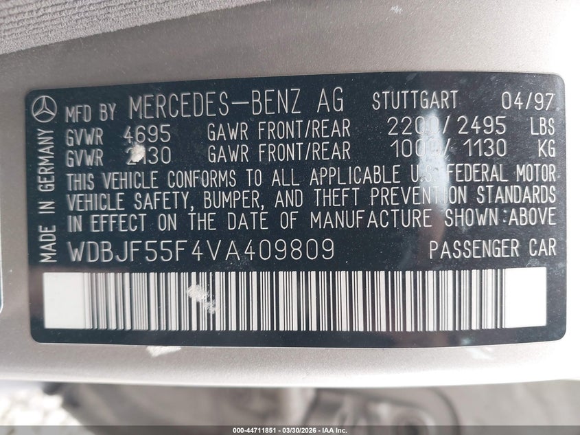 1997 Mercedes-benz E-klasse VIN WDBJF55F4VA409809 IAAI salvage auction — NORMAL WEAR, Clear - Public Restricted (Oregon), sold $25 on 2026-07-27 (photo 9)