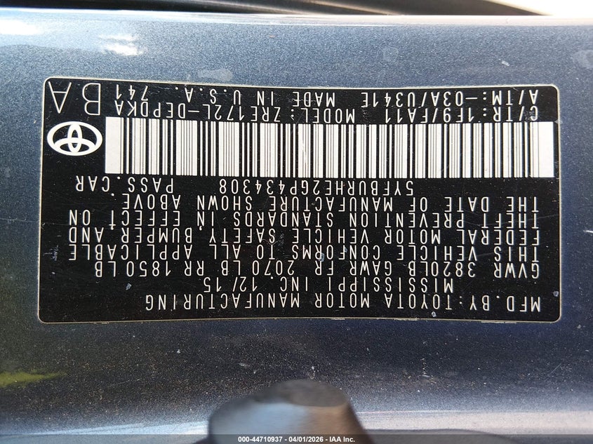 2016 Toyota Corolla VIN 5YFBURHE2GP434308 IAAI salvage auction — FRONT END, Clear (Hawaii), sold $2,550 on 2026-07-14 (photo 9)